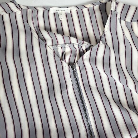 Maurices Women’s Blouse L Gray Burgundy Striped Long Sleeve Zip Front - Picture 7 of 8